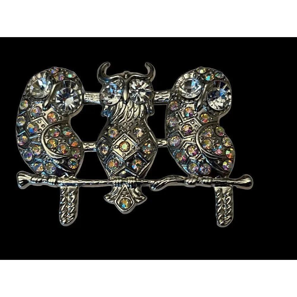 Silver Horned Owl on Branch Brooch Trio of Owls Crystals Rhinestone Eyes Costume - Picture 2 of 5